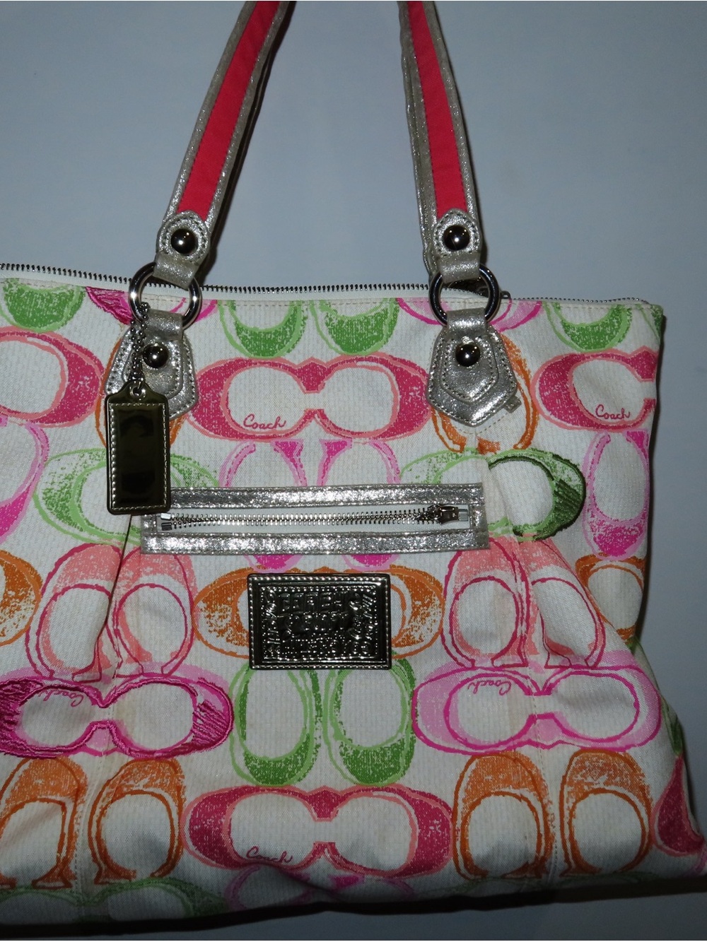 Coach Multicolor Signature Tote with Silver Accents and Pink Straps